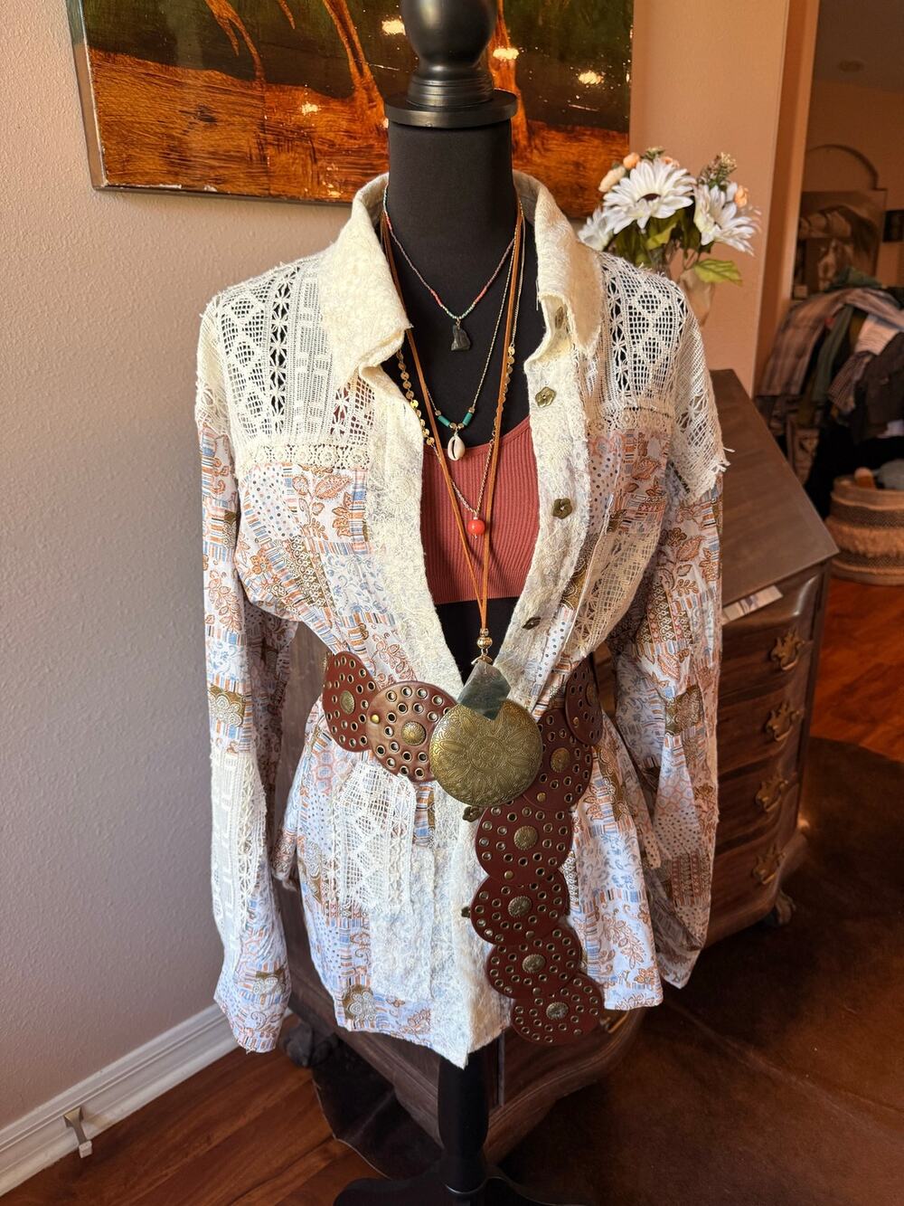 New!!! POL OVERSIZED Open Knit Crochet and Mixed Print Woven Fabric Top large